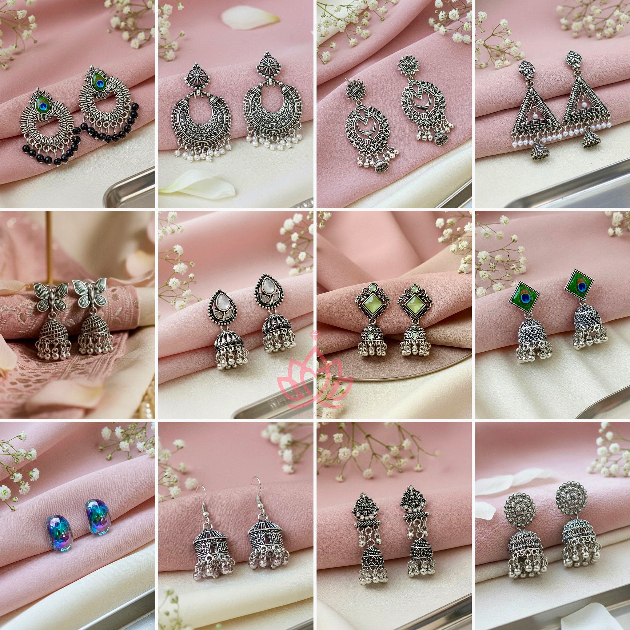 Set Of 12 Oxidized Designer Stud Earrings With Folding Jewelry Box