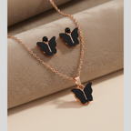 Elegant Black Butterfly Pendant Necklace & Stud Earrings Set for Women – Rose Gold Plated Minimalist Jewelry