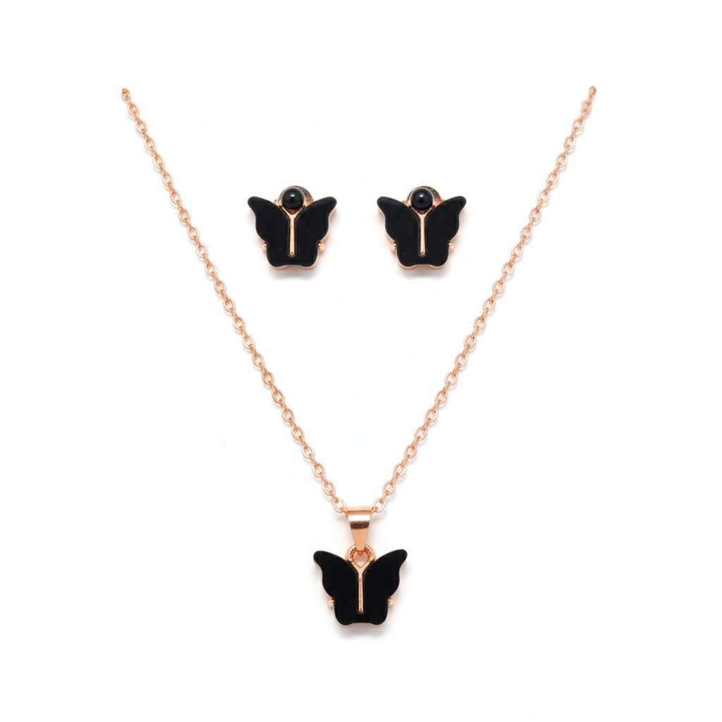 Elegant Black Butterfly Pendant Necklace & Stud Earrings Set for Women – Rose Gold Plated Minimalist Jewelry