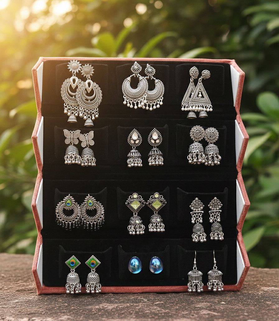 Set Of 12 Oxidized Designer Stud Earrings With Folding Jewelry Box
