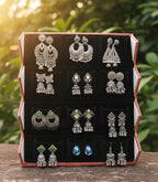Set Of 12 Oxidized Designer Stud Earrings With Folding Jewelry Box