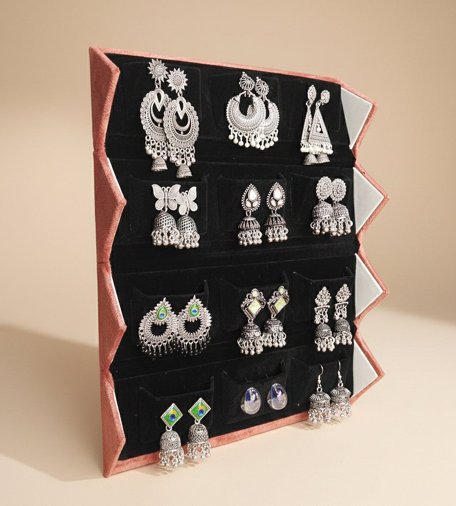 Set Of 12 Oxidized Designer Stud Earrings With Folding Jewelry Box