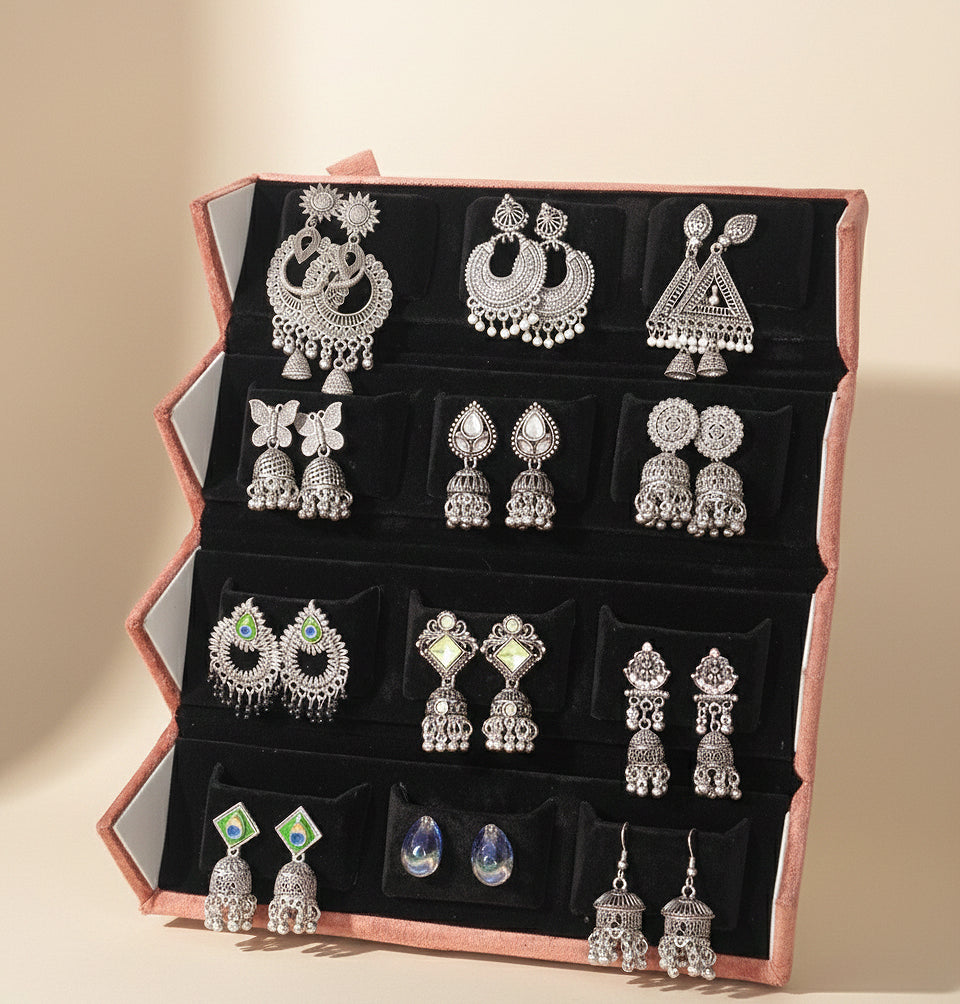 Set Of 12 Oxidized Designer Stud Earrings With Folding Jewelry Box